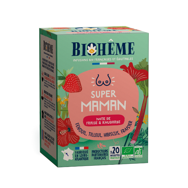 Boîte d’infusion bio Super Maman Biohême à la fraise et à la rhubarbe
